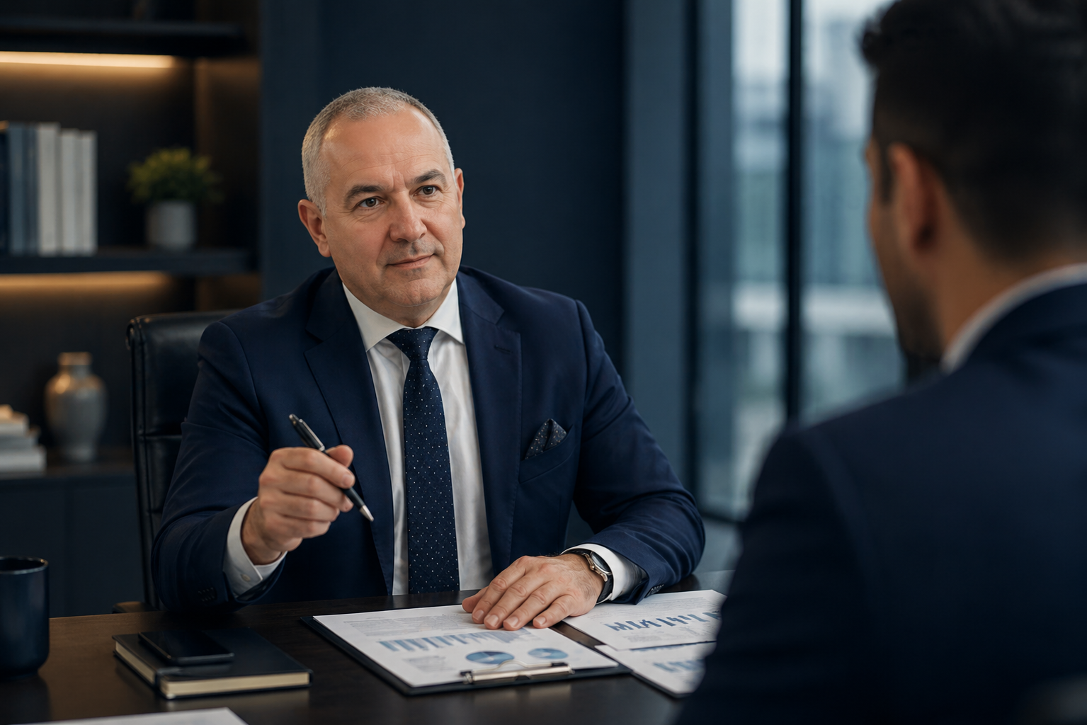 Advisor reviewing plans with a client in an office